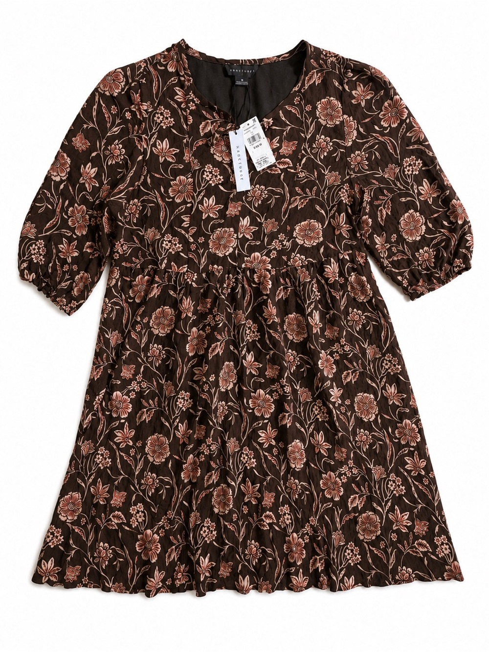 Sanctuary Floral Babydoll Dress NWT Size Medium Dark Brown Boho Puff Sleeve